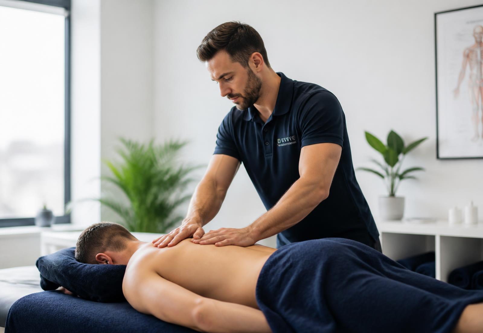 Fisioterapeuta aplicando terapia manual nas costas de uma paciente em consultório claro